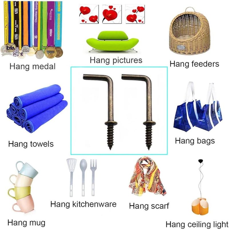 IDEALSV Antique Brass 1 Inch 1 Shape Screw Hooks L Shape Hook Vintage Bronze 7 Shape Right Angle Medal Hanger (80 Pack) - Image 2